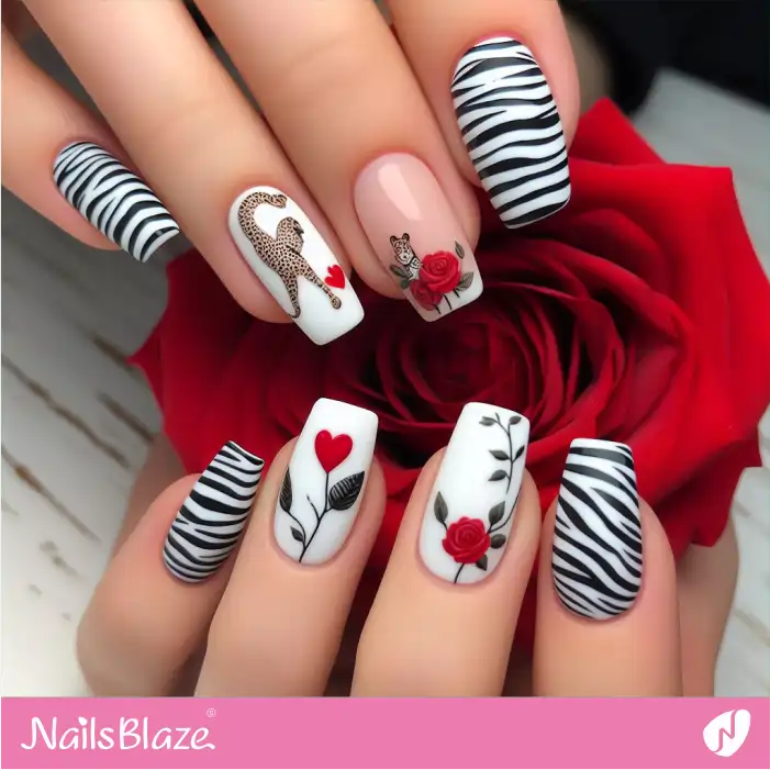 Valentine Jaguar and Zebra Print Nail Design | Animal Print Nails - NB2458